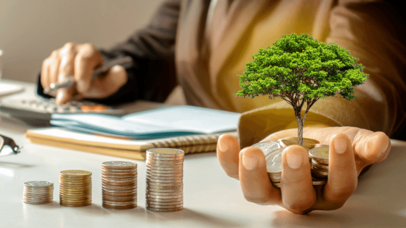 Business owner holding a small tree beside growing stacks of coins