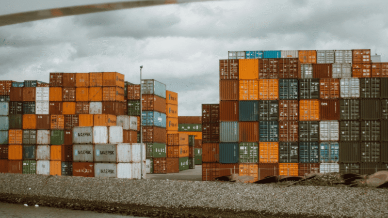 Stacks of shipping containers at a freight terminal